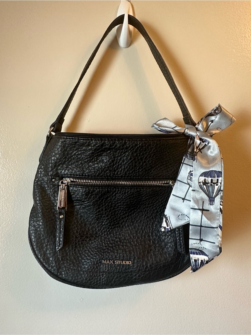 Max Studio Black Pebbled Leather Shoulder Bag with Silk Scarf Accent